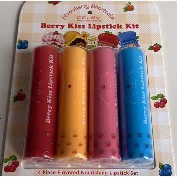 Set Of 4 CELAVI STRAWBERRY SHORTCAKE Berry Kiss LipStick Kit Flavored NEW - Picture 6 of 11